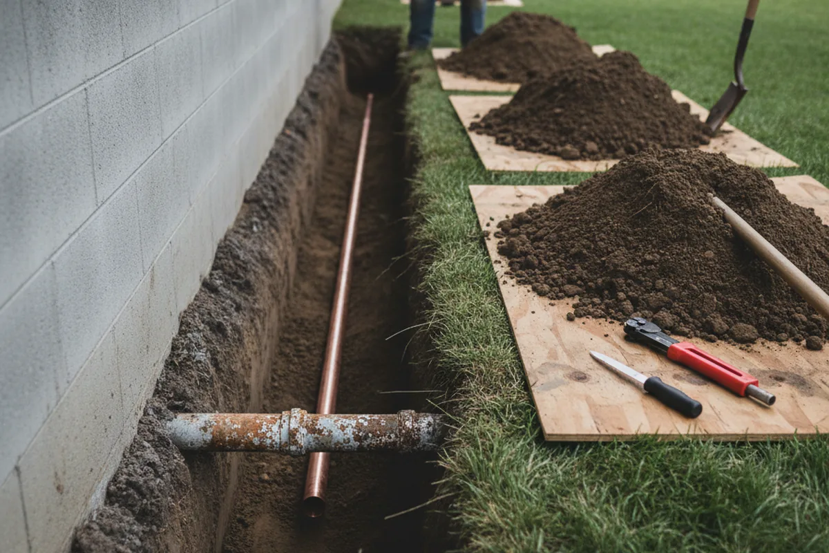 Excavated water line trench during Sewer Line Repair in Danvers